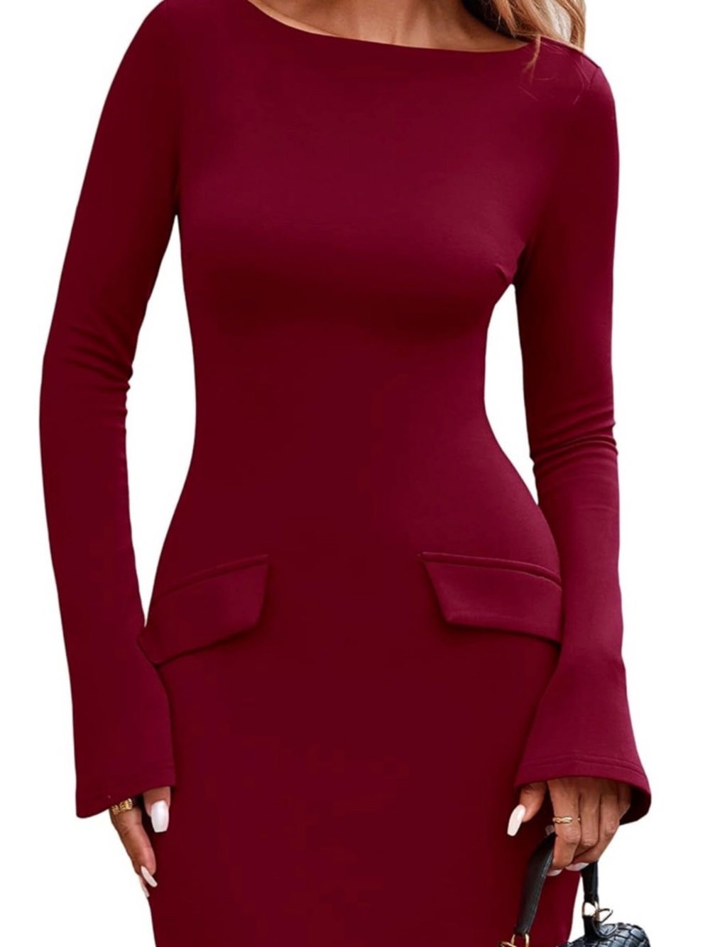 Slim Fit Long Sleeve Dress in Burgundy